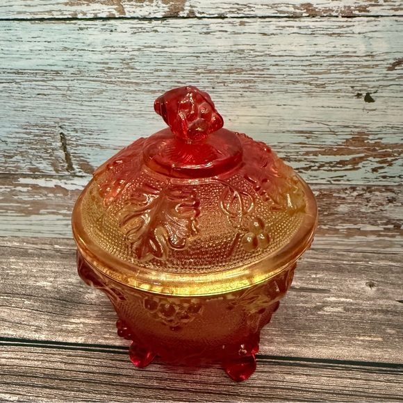 Vintage Jeanette Glass Amberina Carnival Glass Footed Candy Bowl Orange yellow - Picture 2 of 9